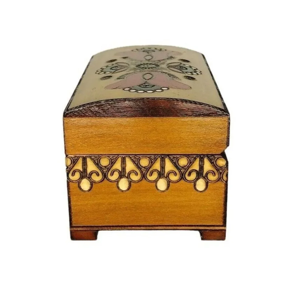 Vintage Folk Art Wood Pyrography Hinged Trinket Jewelry Lock Box Hand Crafted